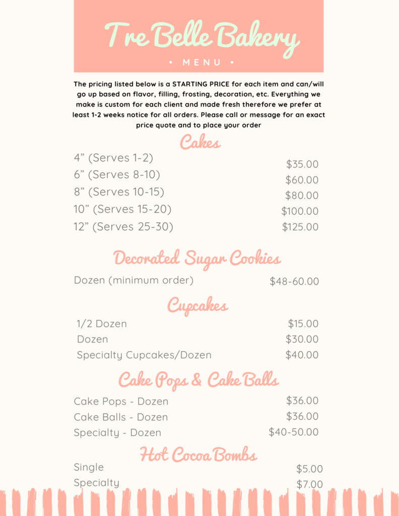 Pricing - Tre Belle Bakery - Chester, New Hampshire